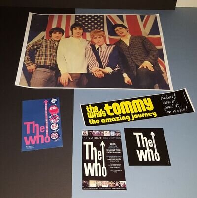 THE WHO MINI POSTER / PRINT, PROMO BUTTON SET & DECAL PETE ROGER KEITH JOHN THE WHO MINI POSTER / PRINT, PROMO BUTTON SET & DECAL PETE ROGER KEITH JOHN