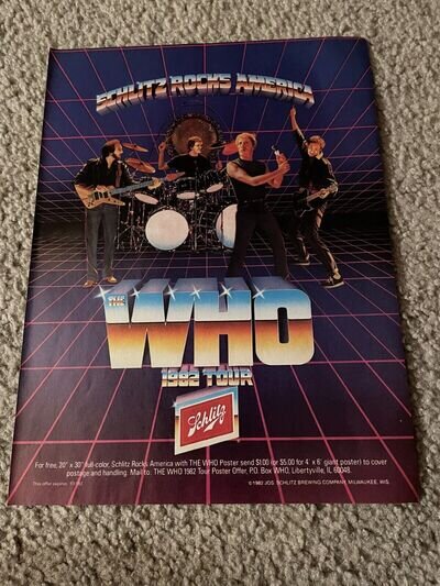 Vintage 1982 THE WHO CONCERT TOUR PRINT AD SCHLITZ BEER 1980s Vintage 1982 THE WHO CONCERT TOUR PRINT AD SCHLITZ BEER 1980s
