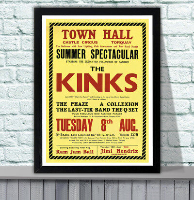 The Kinks Torquay Town Hall 1967 Concert Poster - 4 Sizes - 3 Framed Options The Kinks Torquay Town Hall 1967 Concert Poster - 4 Sizes - 3 Framed Options