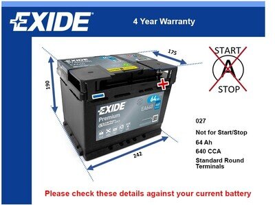 Car Battery EA640 Exide 027 640A 64Ah 4Yr Warranty 242x175x190 Premium