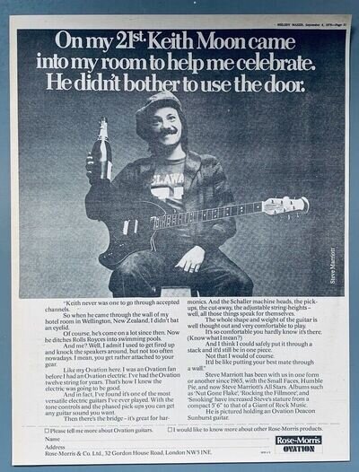 STEVE MARRIOTT Small Faces KEITH MOON The Who 1976 POSTER ADVERT OVATION GUITARS STEVE MARRIOTT Small Faces KEITH MOON The Who 1976 POSTER ADVERT OVATION GUITARS