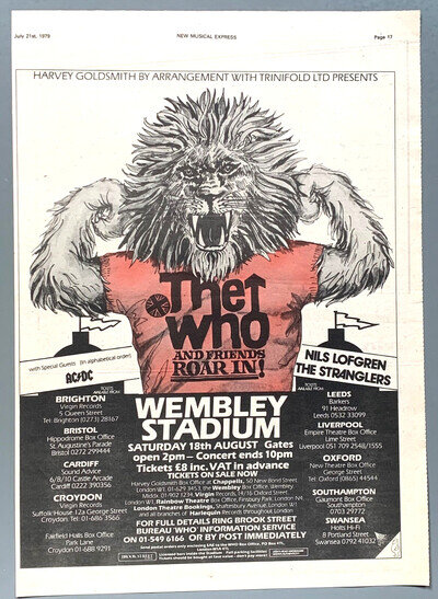 THE WHO 1979 vintage POSTER ADVERT CONCERT WEMBLEY STADIUM Pete Townshend LION THE WHO 1979 vintage POSTER ADVERT CONCERT WEMBLEY STADIUM Pete Townshend LION