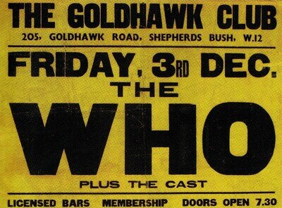 THE WHO Concert Window Poster - Goldhawk Club, Shepherd's Bush 1965 - reprint THE WHO Concert Window Poster - Goldhawk Club, Shepherd's Bush 1965 - reprint
