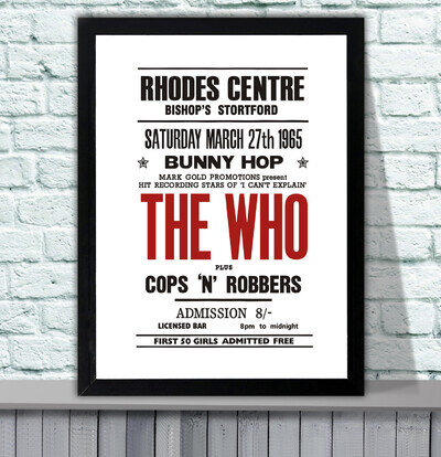 The Who 1965 Bishops Stortford Repro Concert Poster - 4 Sizes - 3 Framed Options The Who 1965 Bishops Stortford Repro Concert Poster - 4 Sizes - 3 Framed Options