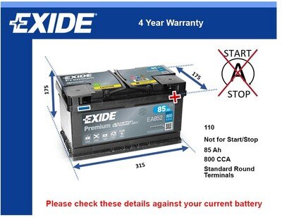 Battery fits RANGE ROVER SPORT EVOQUE 2.2D 3.6D 06 to 19 Exide 110 800A 85Ah New