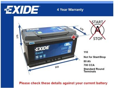 Car Battery EB802 Exide 110 700A 80Ah 4Yr Warranty 315x175x175 Excell