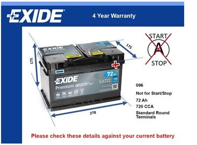 Car Battery EA722 Exide 096 720A 72Ah 4Yr Warranty 278x175x175 Premium