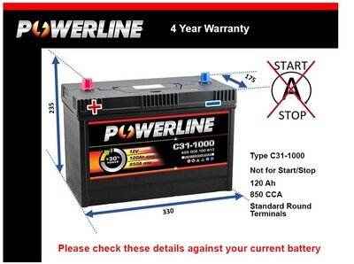 Car Battery C31-1000 Powerline C31-900 850A 120Ah 4Yr Warranty 330x175x235