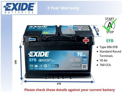 EFB Car Battery EL700 Exide 096 EFB 720A 70Ah 3Yr WTY 278x175x190 Start Stop