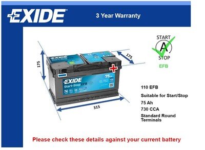 EFB Car Battery EL752 Exide 110 EFB 730A 75Ah 3Yr WTY 315x175x175 Start Stop