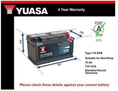 EFB Car Battery YBX7110 Yuasa 110 EFB 730A 75Ah 4Yr WTY 317x175x175 Start Stop