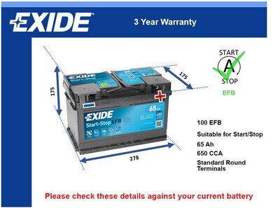 EFB Battery fits FORD FIESTA Stop Start Exide 100 EFB 650A 65Ah Quality