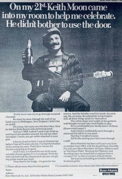 STEVE MARRIOTT Small Faces KEITH MOON The Who 1976 POSTER ADVERT OVATION GUITARS