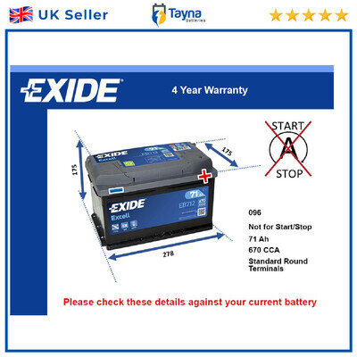 Car Battery EB712 Exide 096 670A 71Ah 4Yr Warranty 278x175x175 Excell