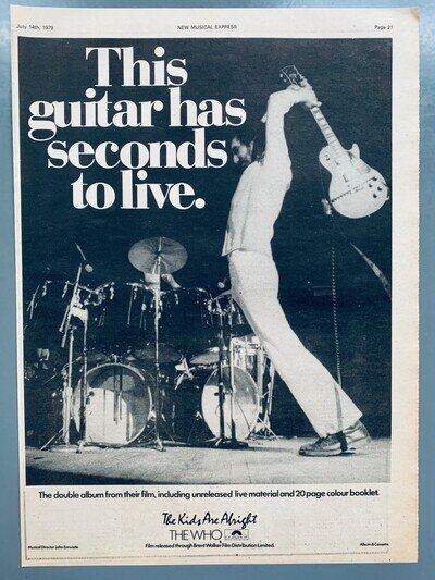 THE WHO PETE TOWNSHEND '79 POSTER ADVERT KIDS ARE ALIGHT This Guitar Has Seconds